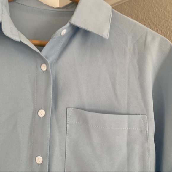 Womens Short Sleeve Shirts V Neck Collared Button Down with Pockets Blue XS - Picture 4 of 5